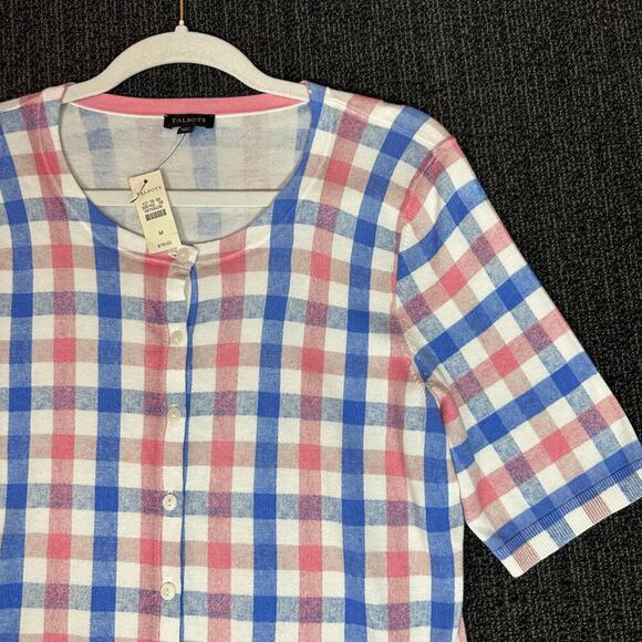 Talbots Womens M Plaid Cardigan Blue Pink Cotton Blend Preppy Academia NWT $79 - Picture 3 of 5